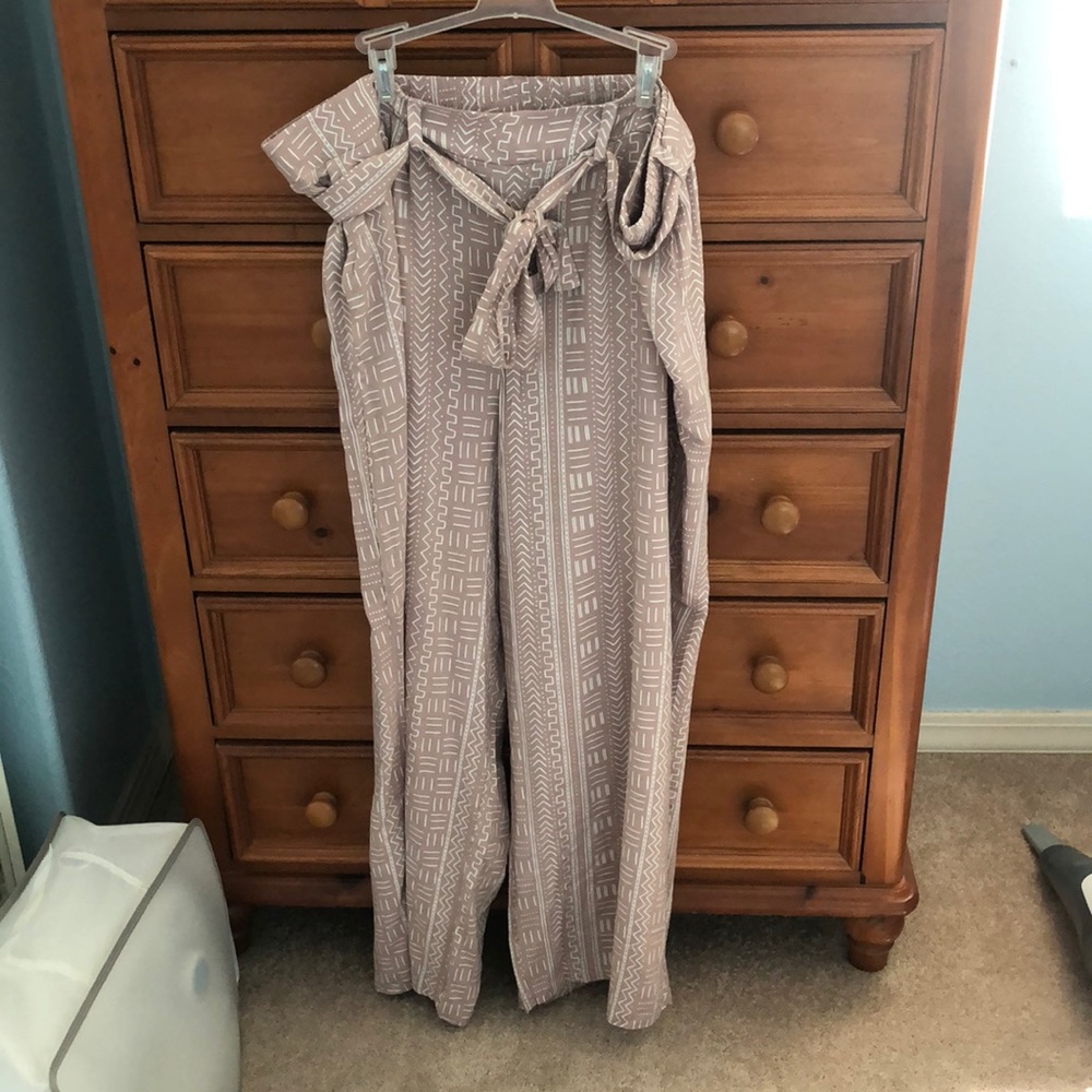 print challis tie front wide leg pants